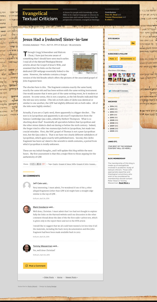 A screenshot of the Evangelical Textual Criticism blog